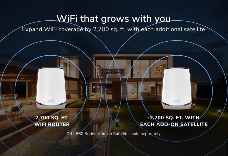 NETGEAR Orbi WiFi grows with you, expand WiFi coverage with a push of a button by adding an Orbi 860 satellite (sold separately)