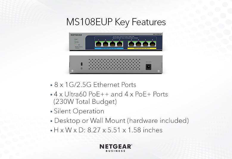 安心と信頼 NETGEAR Inc. Ultra60 PoE 対応 230W 1G 2.5Gマルチギガ8ポートアンマネージプラススイッチ  MS108EUP-100JPS 21 fucoa.cl