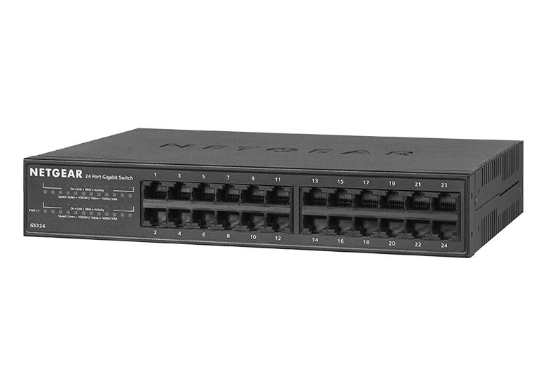 schwarz 24x Gigabit Ports, Metallgehäuse, lüfterlos, Stromverbrauch max. 11,1W NETGEAR GS324-100EUS Unmanaged Gigabit Switch 