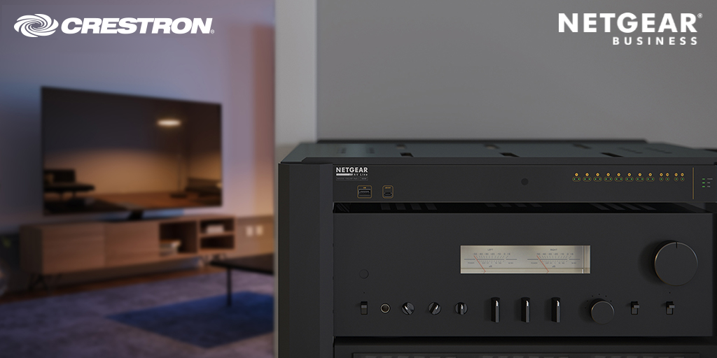 Crestron-certified NETGEAR device and television set in the background