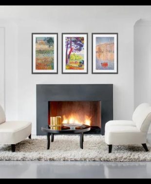 living room with chairs, fire. and paintings