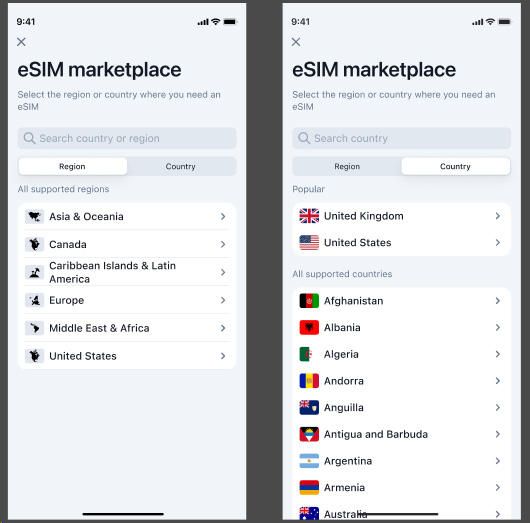 esim marketplace country netgear app screen