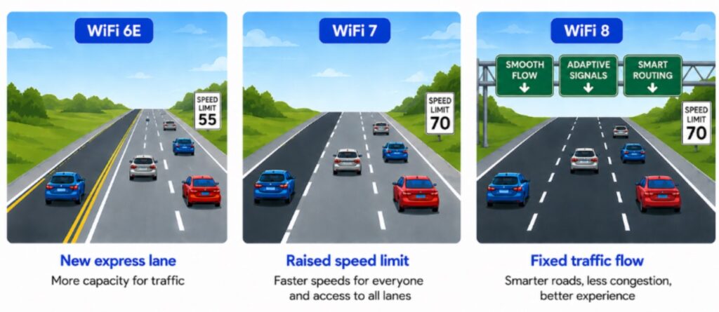 WiFi 7 vs WiFi 6E vs WiFi 8 illistration - freeway cars