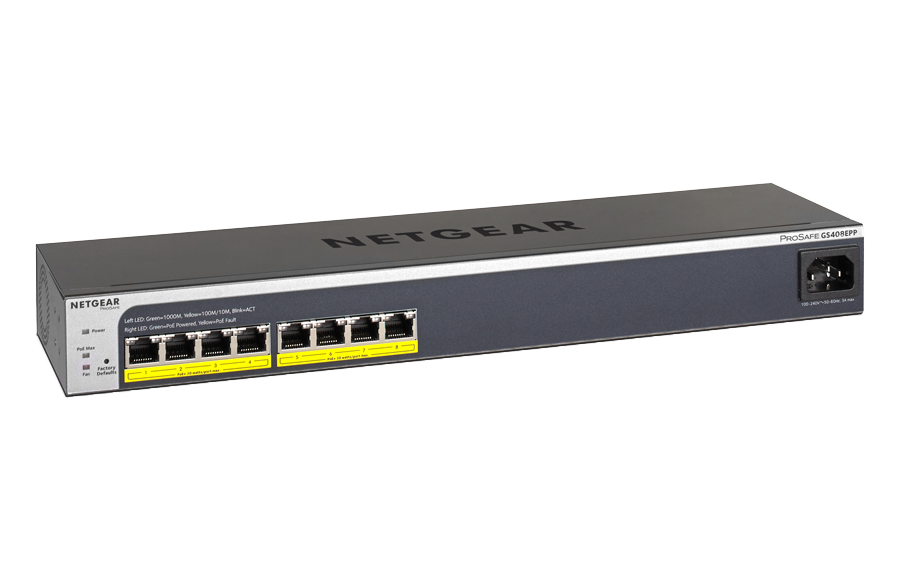 PoE+ 8 ports Gigabit à montage aisé NETGEAR GS408EPP Protection à Vie ProSafe- Garantie à vie Plus Netgear GS408EPP-100NES Smart Switch Web Manageable Power-over-ethernet+ 124 W 8 ports 