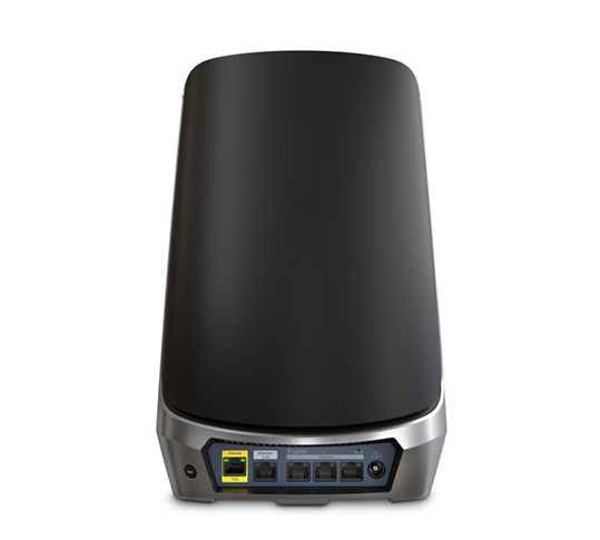 A mesh router has a yellow WAN (Wide Area Network) port to connect to the modem, providing the mesh satellites and client devices a connection to the internet.