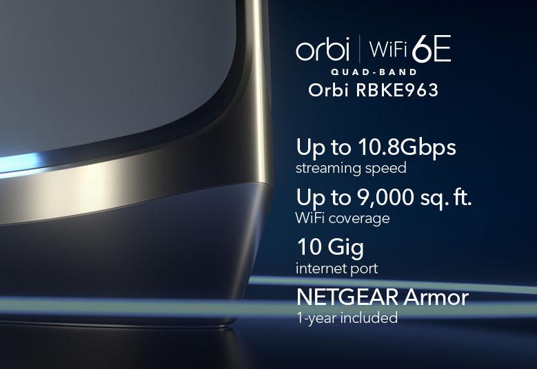 RBKE963, Quad-Band WiFi 6E, upto 10.8Gbps speed, 9000 sq.ft. WiFi coverage, 10 Gig internet port
