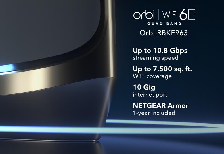 RBKE963, Quad-Band WiFi 6E, upto 10.8Gbps speed, 9000 sq.ft. WiFi coverage, 10 Gig internet port