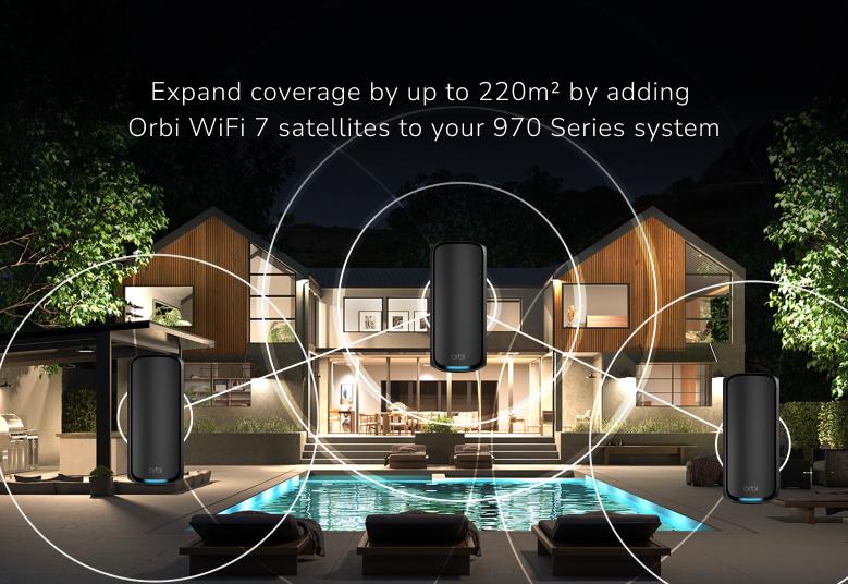 Orbi RBE970B Expand coverage by up to 3,300 sq. ft. by adding Orbi WiFi 7 satellites to your 970 Series system