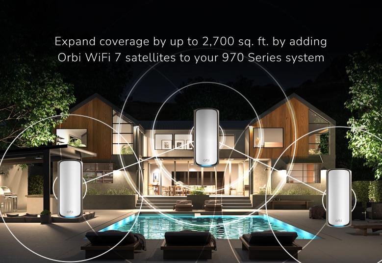 Orbi RBE970 Expand coverage by up to 3,300 sq. ft. by adding Orbi WiFi 7 satellites to your 970 Series system