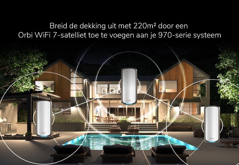 Orbi RBE970 Expand coverage by up to 3,300 sq. ft. by adding Orbi WiFi 7 satellites to your 970 Series system
